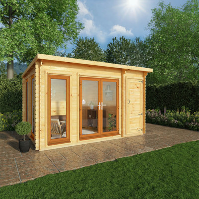 13ft x 10ft Studio Pent Log Cabin With Side Shed UPVC Windows & Doors (44mm)