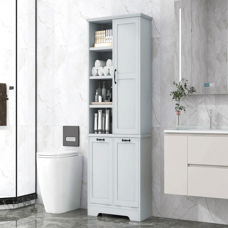 Armoire de rangement pour salle de bain avec portes et tiroirs, panier à linge inclinable, plusieurs espaces de rangement, style autoportant, tablette ouverte, tablette réglable, gris