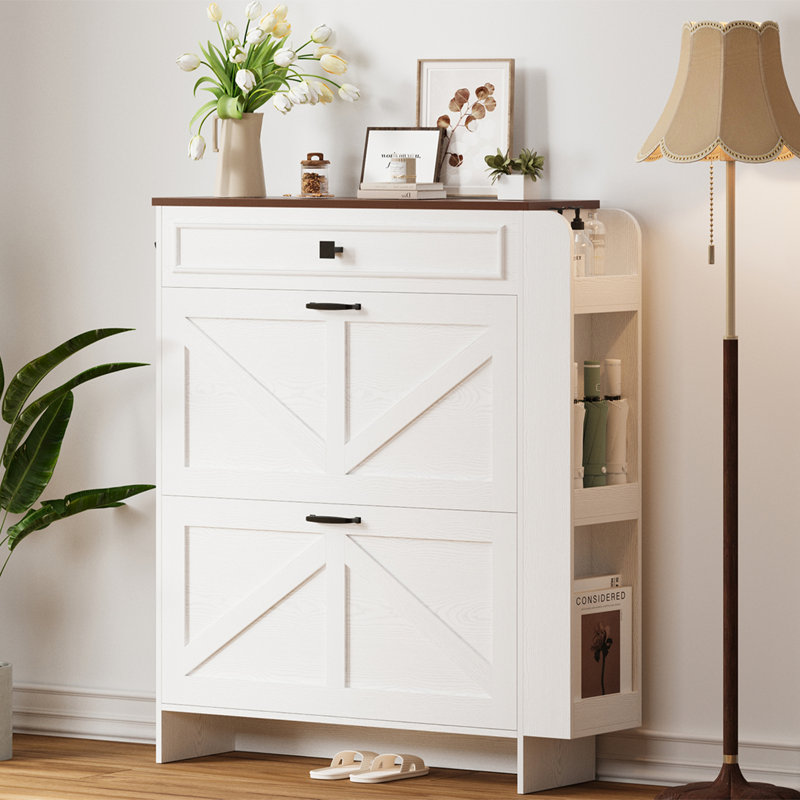Farmhouse 16 Pair Shoe Storage Cabinet With 2 Flip Drawers, Narrow Shoe Storage Organizer Unit with Shelves For Entryway