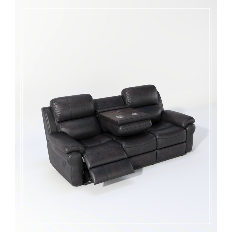 Breathable Fabric Power Reclining Sofa with Drop Down Table,USB Button and Wireless Charger, Espresso Faux Leather