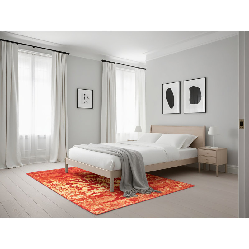 Tapis contemporain rouge / jaune Nia, Rectangle 5 pi x 7 pi