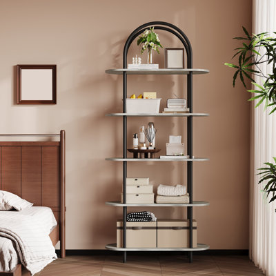 Modern 71" Arched 5-Tier Bookshelf - Freestanding Metal Frame Bookcase - Tall Open Storage & Display Rack for Home Office, Bedroom, Living Room, Bathroom - Black + Graphite Gray, Five Layers
