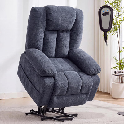 Fauteuil releveur électrique avec fonction massage et chaleur pour aînés, massage 8 points, chauffage lombaire, appui-tête et accoudoirs rembourrés épais, chargement USB, couleur chenille bleu.