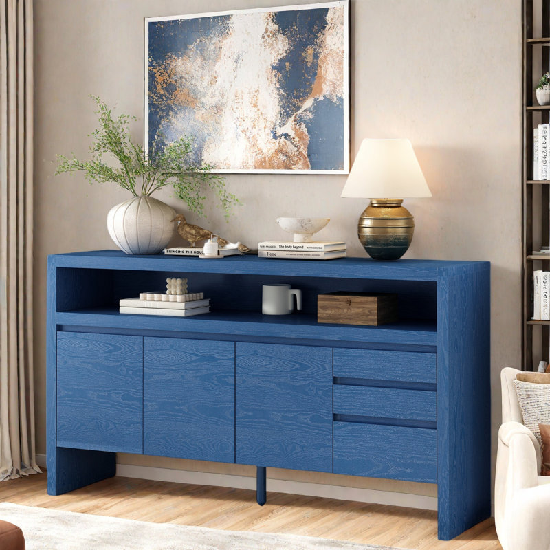 Buffet 3 portes avec 3 tiroirs, une tablette semi-ouverte et un trou pour câbles, Marine