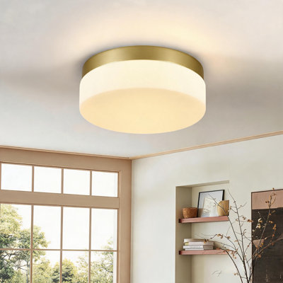 Modern Gold Metal Frame Milky Glass Shade Led Flush Mount Ceiling Light, 5 Color Temperatures Adjustable For Living Room Bedroom
