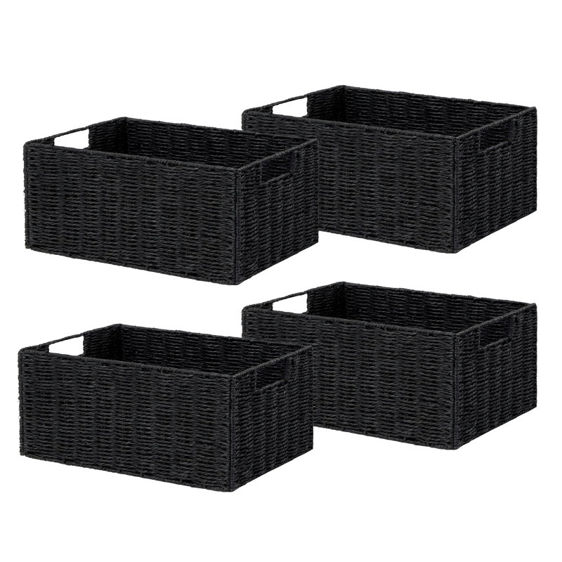 Ensemble de 4 paniers de rangement écologiques en corde de papier tissé - Organisateurs rectangulaires pliables noirs avec poignées - Rangement ouvert peu encombrant pour la maison, les tablettes, la salle de bain et le salon