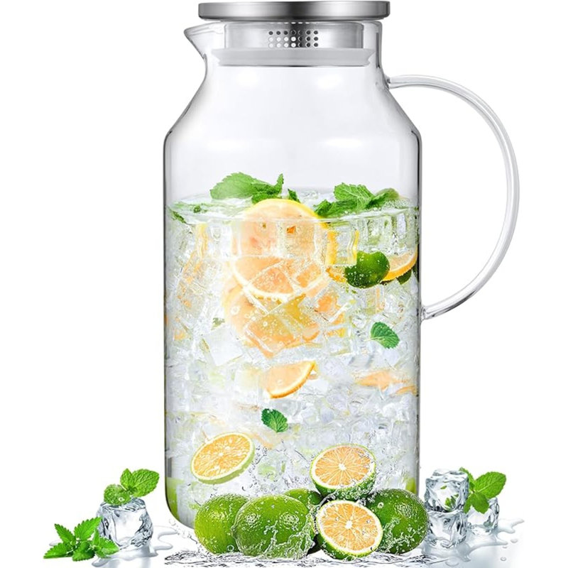 Glass Pitcher With Lid And Spout, Glass Water Carafe For Hot/Cold Water, Iced Tea Pitcher, Large Pitcher For Coffee, Juice And Homemade Beverage