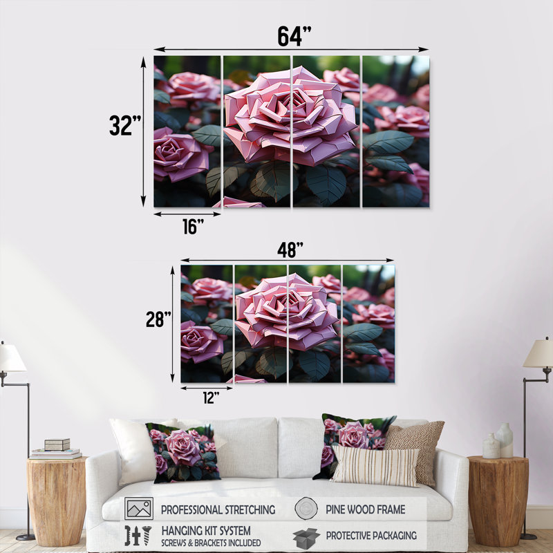 Floral Rhythmic Radiance - Abstrait géométrique, art mural sur toile 4 pièces, H 32 po x l 64 po