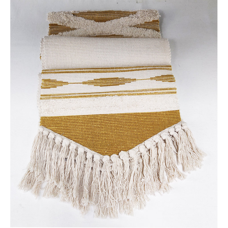 White Geometric Design Canvas Cotton Table Runner With Tassels 14" W X 71" L, Yellow