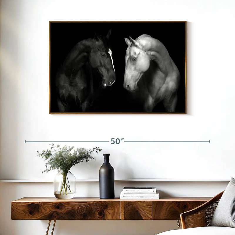 Chevaux monochromes, Cadre flottant doré, 37 po x 25 po