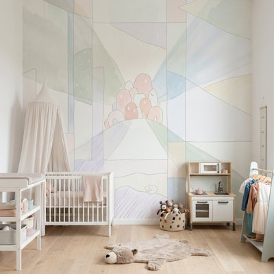 Abstract Landscape Wallpaper Geometric Panel Grid Moon And Stars Removable Wall Decor