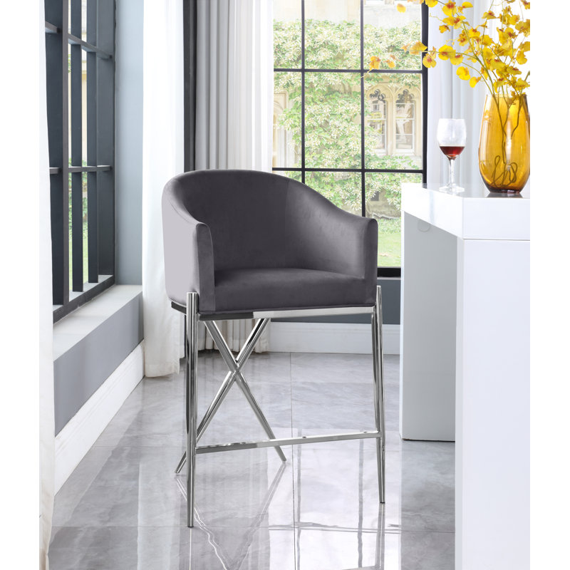 Tabouret de comptoir 26,5 po Xavier, Velours gris, Chrome chrome