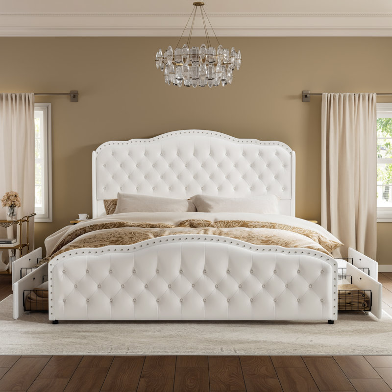  Très grand lit tapissier avec 4 tiroirs Maber, lit plateforme avec rangement et 2 tables de chevet, lit à oreilles en velours, aucun sommier requis, beige