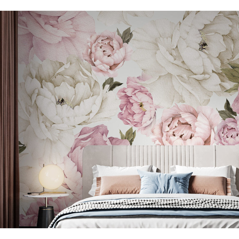 Papier peint floral pivoine rose et crème avec grande aquarelle