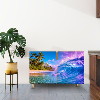 Buffet Buffet avec rangement Vibrant Tropical Ocean Wave Mauve avec 2 portes pour le salon et la cuisine