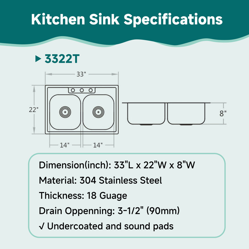 KDK HOME 33" x 22" Drop In Kitchen Sink 50/50 Double Bowl Sink with Bottom Grid & Basket Strainer