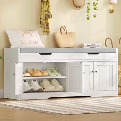 47.24" Shoe Storage Bench With Padded Seat Cushion, Entryway Shoe Bench With 2 Adjustable Shelves, White