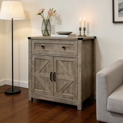 Buffet de style champêtre, meuble de rangement gris avec portes coulissantes de style grange, tiroir et étagères réglables pour cuisine et salle à manger