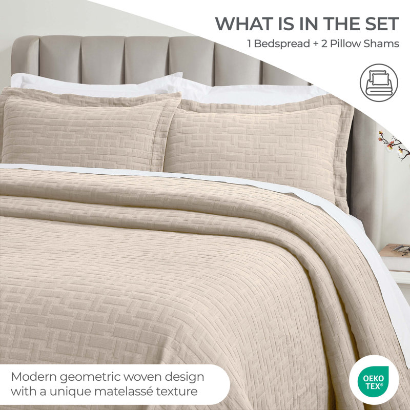 Madrid Cotton Medium Weight Geometric Matelasse Bedspread And Sham Set, Full Bedspread + 2 Standard Shams, Beige