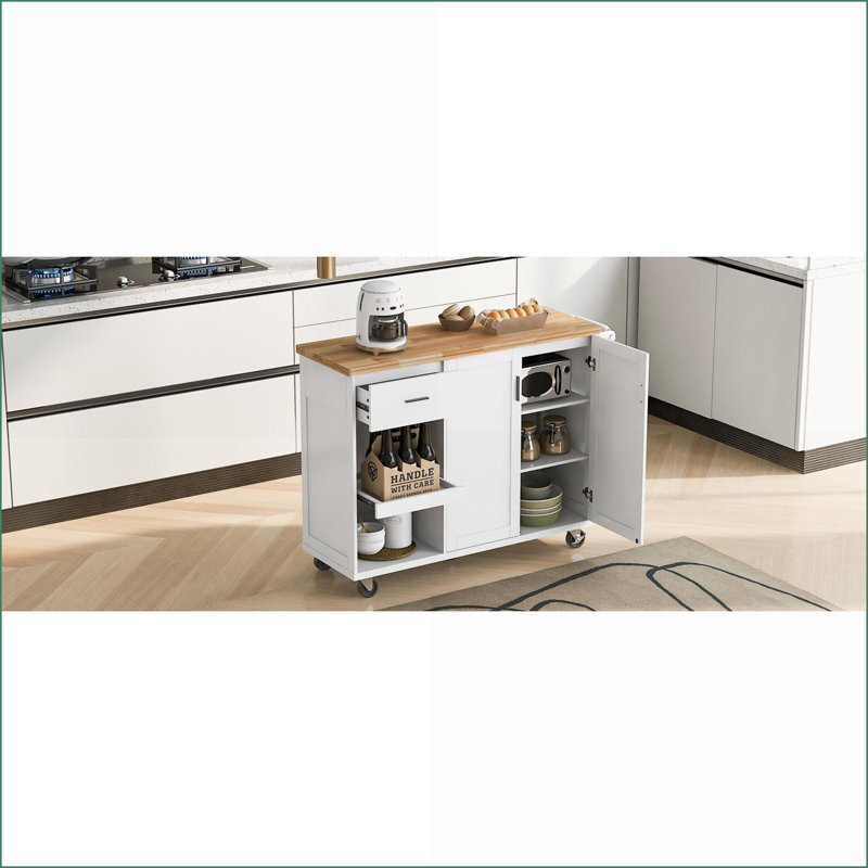 Îlot de cuisine avec plateau pliable, rangement et amp; Roues verrouillables, blanc neige | Bois aggloméré, bois d'hévéa | Moderne