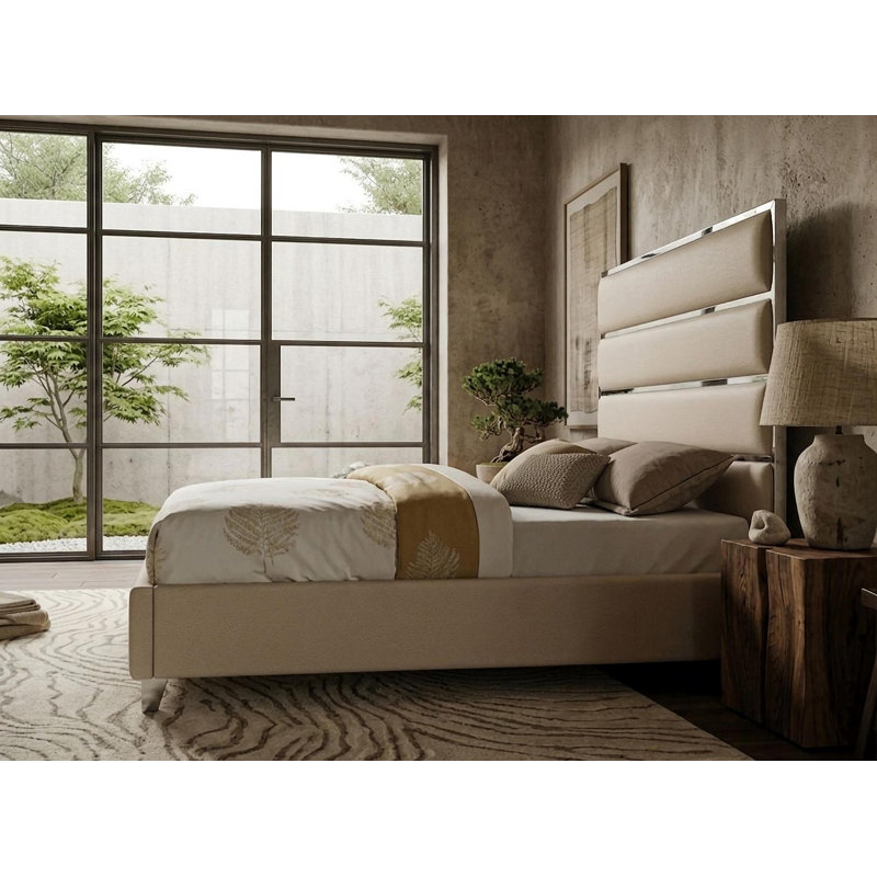 Lit plateforme en velours beige Laura, Beige, Très grand lit