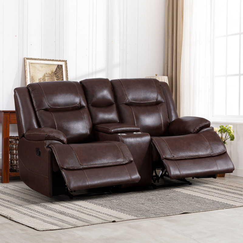 Munazza Periheli Luxury 74'' Wide Genuine Leather Reclining Loveseat With Cup Holders & Storage Console(Set Of 2), Brown