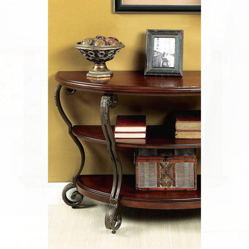 Traditional Sofa Table with Ornate Scroll Legs and Open Shelf – Brown Cherry