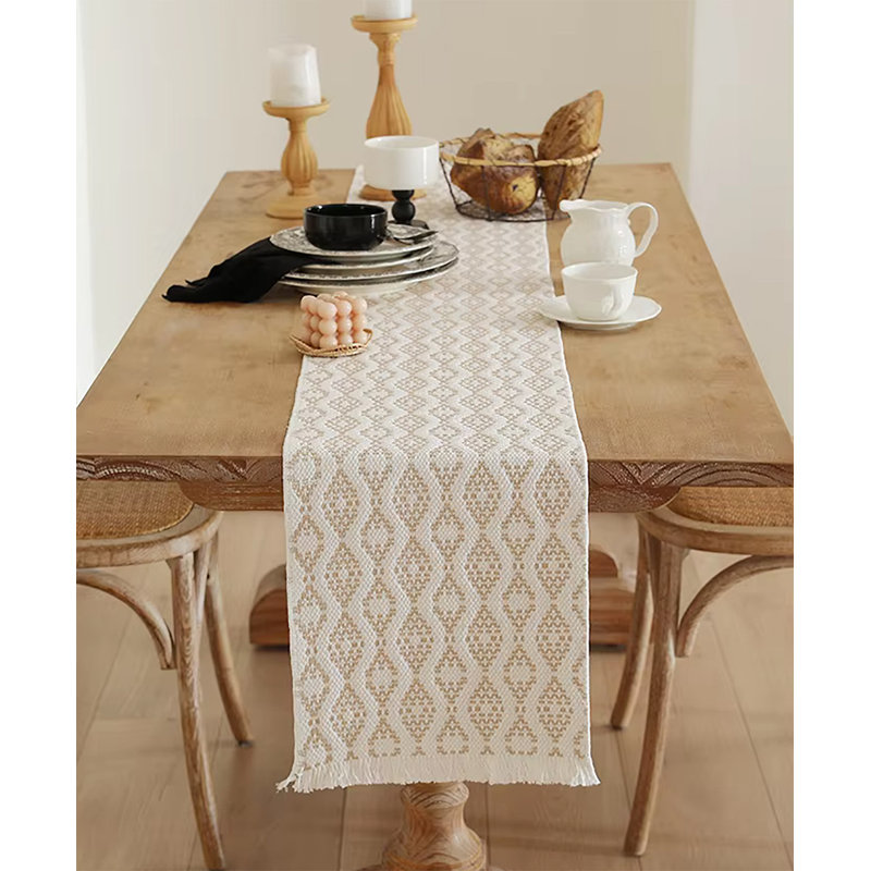 Chemin de table géométrique tissé à losanges moderne avec frange l 14 po x L 72 po, Ivoire