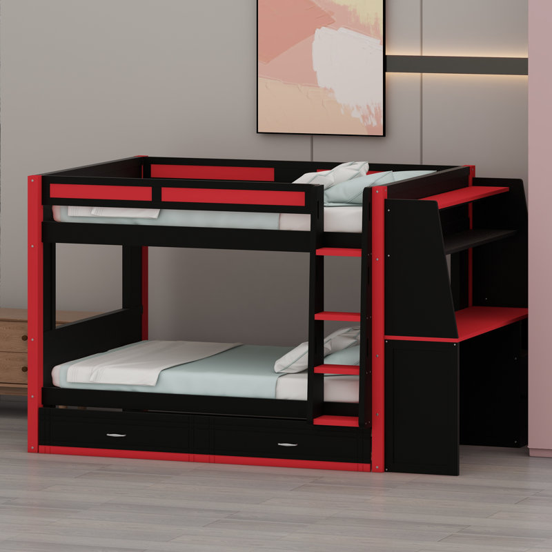 Structure de lit superposé peu encombrante conçue avec un espace de travail d'étude, des tablettes ouvertes, des lumières DEL ambiantes et un lit gigogne caché