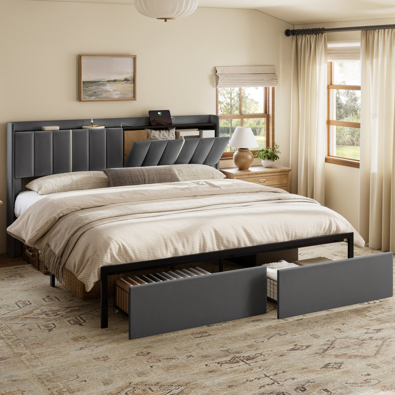 Upholstered King Bed with 2 Drawers and Open Storage Headboard，Platform Bed with Charging Station, No Spring Boxing Needed, Gray