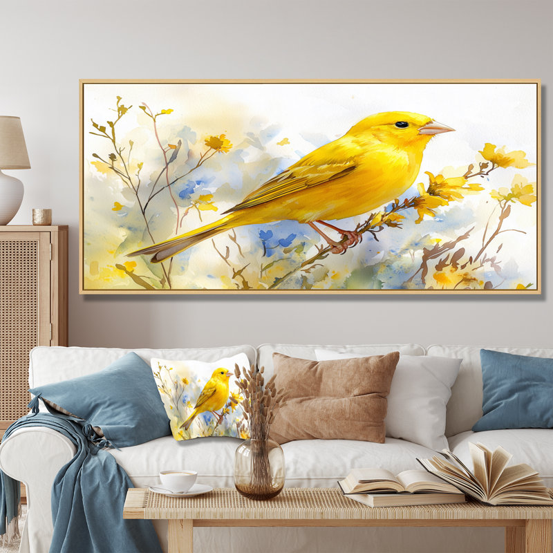 Iselis Finch, oiseau sur une tige de fleur sauvage IV - oiseau, art mural, H 28 po x l 60 po, Cadre flottant, Crème, crème