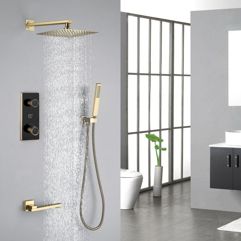 Système de douche mural thermostatique numérique à 3 fonctions à bouton-poussoir, Or brossé