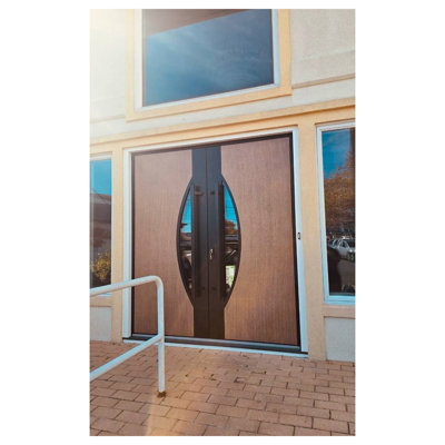 Façade avant en acier pré-suspendue / fenêtre en teck de Ronex 1077 / fenêtre extérieure supérieure avec panneau latéral / entrée en métal peint moderne l 36 po x H 80 po + 16 po à gauche