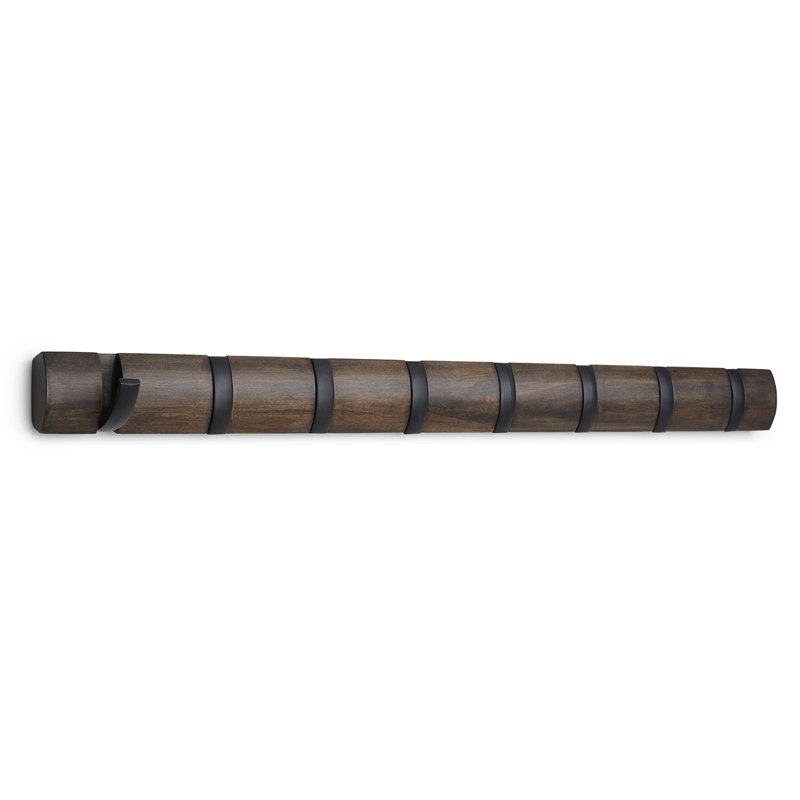 Flip Black and Walnut Solid Wood Wall Mounted Coat Rack with 8 Hooks