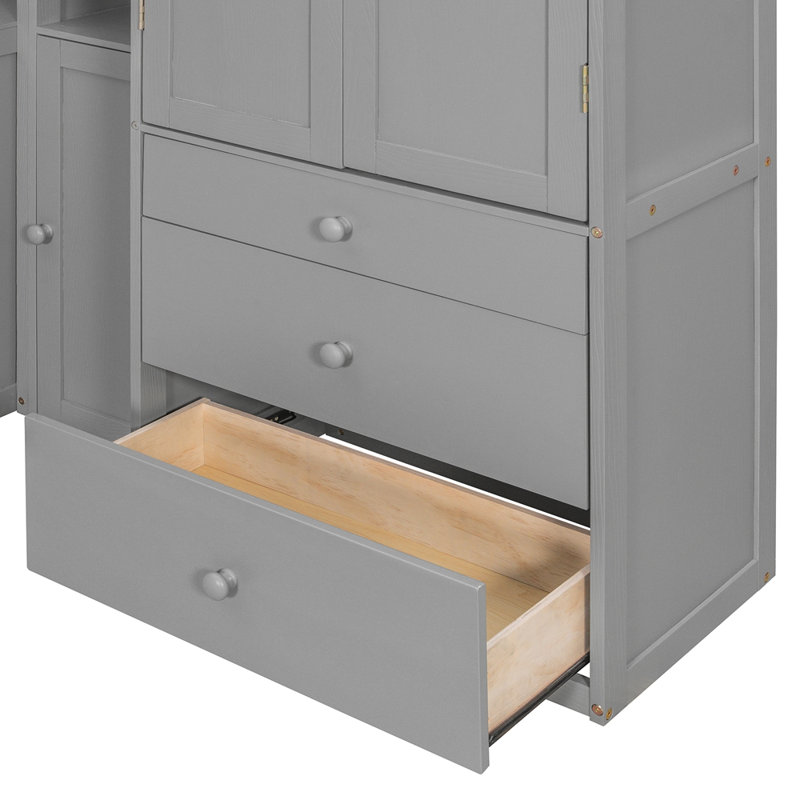 Lit plateforme simple en bois avec bureau intégré, armoire, armoires, tiroirs et tablettes, gris