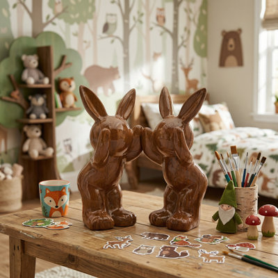 Easter Decor Farmhouse Resin Bunny Figurines, Spring Animal & Nature Themed Indoor Centerpiece Decorations, Whimsical Rabbit Bookends For Nursery Living Room Bedroom Office Desktop Mantle Shelf