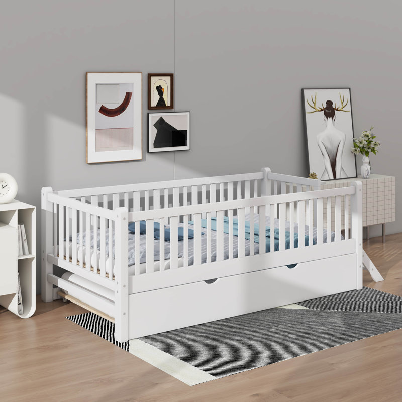 Lit plateforme simple avec garde-corps et lit gigogne, Blanc