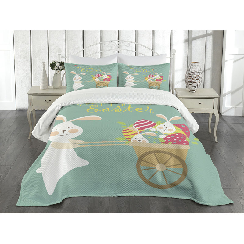 Ambesonne Easter Bedspread Set Smiling Bunny Eggs Multicolor, Queen Bedspread + 2 Standard Shams