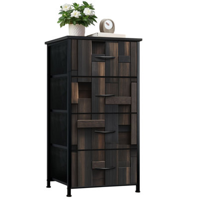 Commode pour la chambre à coucher avec 4 tiroirs de rangement Panneaux en bois de charbon de bois foncé Motifs de grain naturel Commodes Commode en tissu avec cadre en acier pour chambre d'enfant