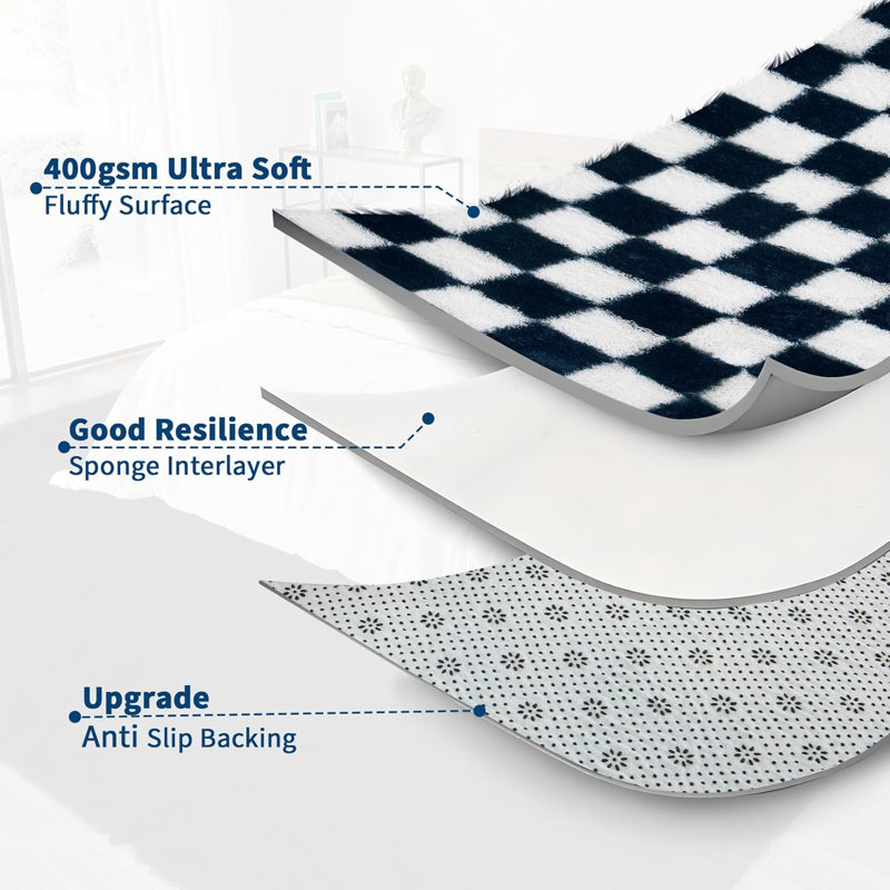 Rug - Machine Washable, Non-Slip, Stain-Resistant Checkerboard Plush Carpet for Hallways, Entryways, Bedrooms (Navy Blue)