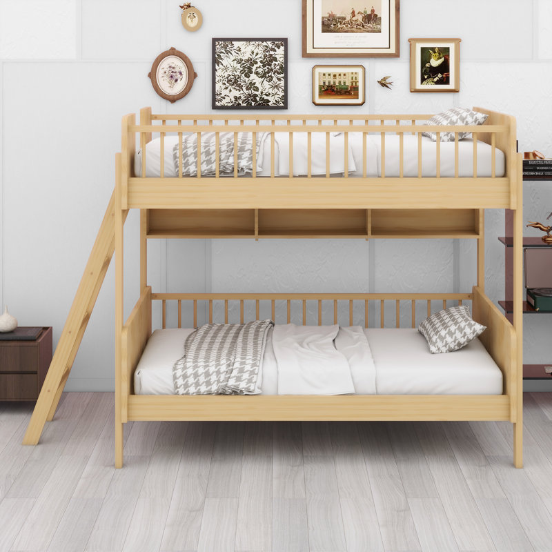 Lit superposé en bois avec tablettes de rangement, Naturel