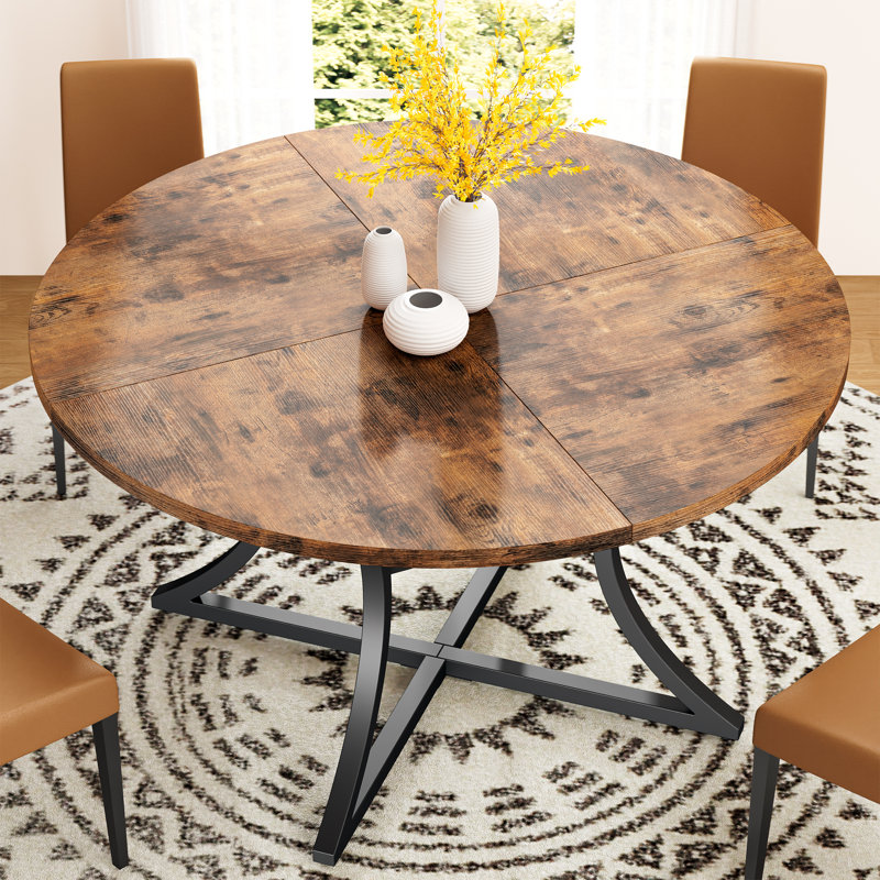 Aycide 47.2" Round Dining Table With Storage Shelf, Wooden Tabletop And Metal Base , Rustic Brown