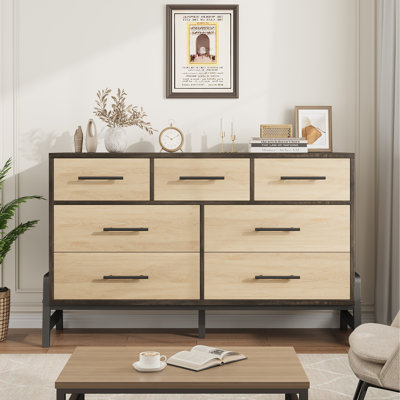 Commode spacieuse à 7 tiroirs pour la chambre à coucher, armoire de rangement en bois de 52 po de largeur, grand organisateur multifonctionnel avec trousse anti-basculement pour entrée, salon, finition chêne brun foncé