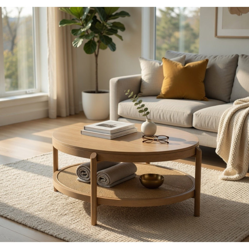 Table basse Fij avec tablette en rotin, métal laiton, bois brun 41 po, Sable brun délavé