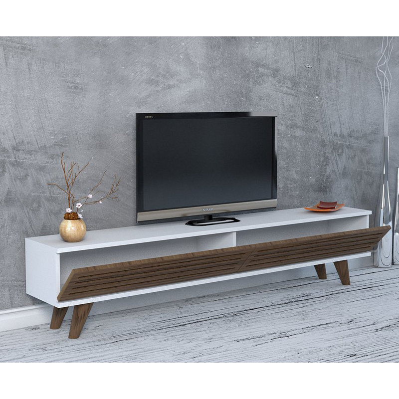 Modern TV Stand with Solid Wood Door, Walnut & White, 63.0 x 15.7 x 9.8 inches | 100% Melamine Coated Particle Board, Thickness: 0.7 inches | Multiple Shelves & Additional Storage, Stylish Scandinavian Design