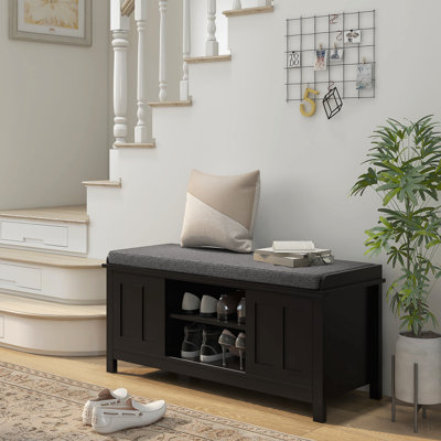 Banc de rangement pour chaussures, repose-pieds de rangement pour entrée (type banc) (type banc) avec portes coulissantes, tablettes réglables, 6 compartiments et siège rembourré, peut contenir 10 paires