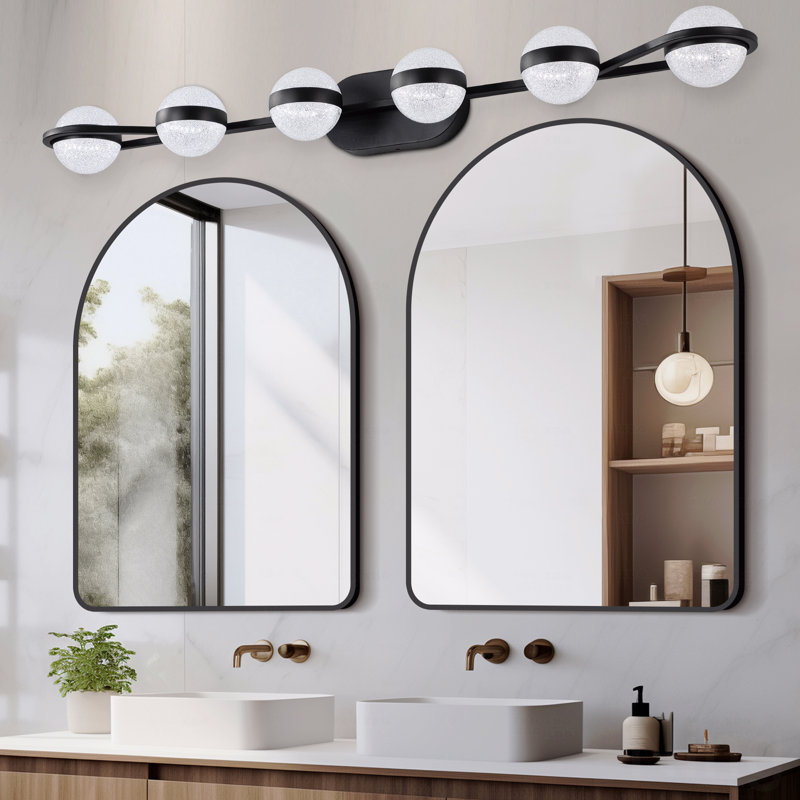 Luminaire de meuble-lavabo 43 po en métal noir avec fonction d'éclairage à DEL pour salle de bain avec abat-jour en acrylique sable sable, configuration murale à 6 lumières