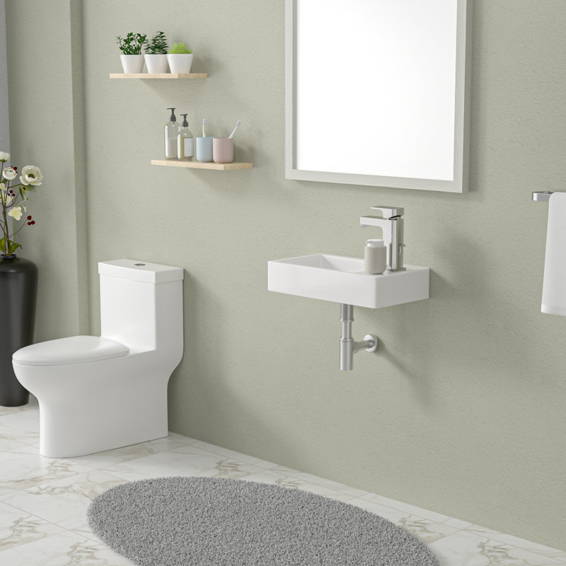 18" x 10" Wall Mount Bathroom Sink White Ceramic Rectangular Floating Vessel Sink with Single Faucet Hole, 18" L x 10" W