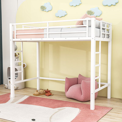 Metal Loft Bed with Ladder and Guardrails