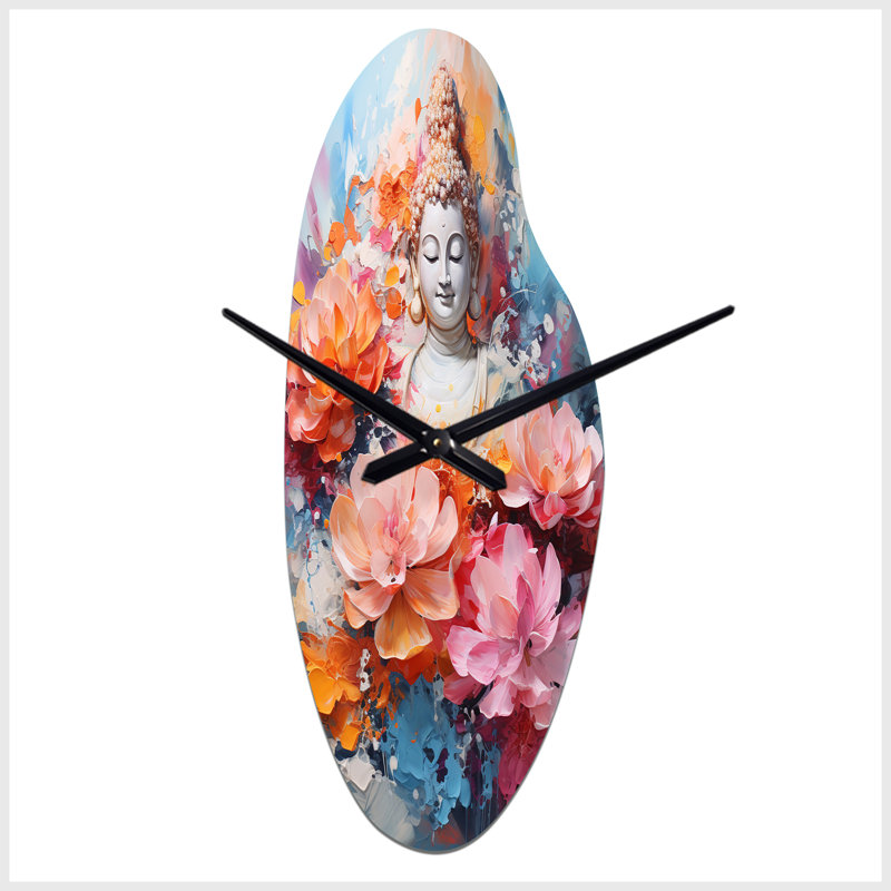 Floral Buddha In Meditation II - méditation, horloge murale asymétrique, Médium